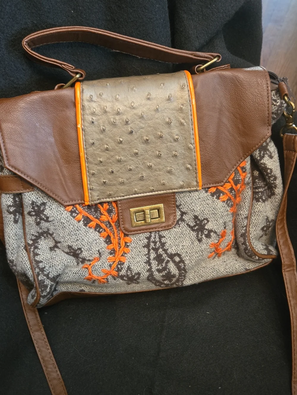 Textured Brown and Orange Embroidered Crossbody Satchel